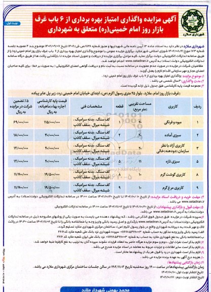 مزایده واگذاری امتیاز بهره برداری از 6 باب غرف بازار روز