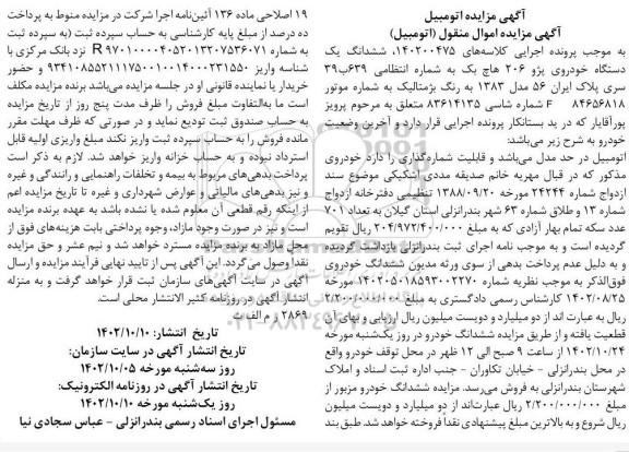 مزایده فروش ششدانگ یک دستگاه خودروی پژو 206