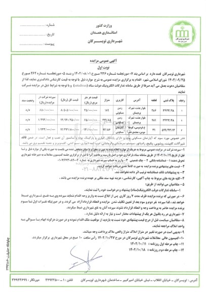 مزایده سه قطعه زمین و آپارتمان مسکونی