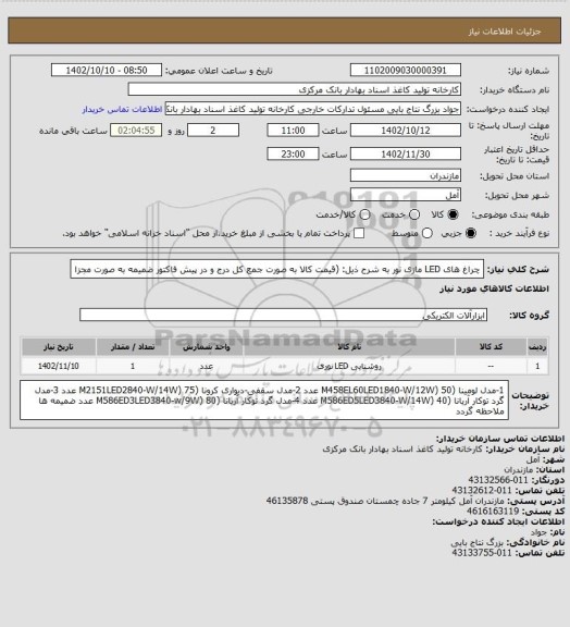 استعلام چراغ های LED مازی نور به شرح ذیل:
(قیمت کالا به صورت جمع کل درج و در پیش فاکتور ضمیمه به صورت مجزا