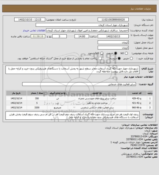 استعلام شهرداری جوپار جهت لگه گیری آسفالت معابر سطح شهر به پخش آسفالت با دستگاهای هیدرولیکی بدون خرید و کرایه حمل با اقلام ذیل دارد.فایل پیوست ملاحظه گردد