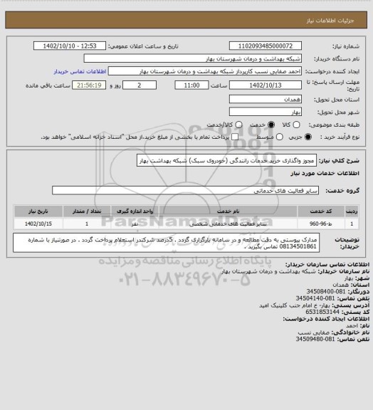 استعلام مجوز واگذاری خرید خدمات رانندگی (خودروی سبک) شبکه بهداشت بهار