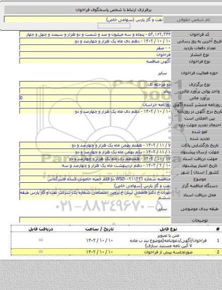 مناقصه, مناقصه شماره WSD-۰۲۱۱۲۴۱ دو قلم جعبه خاموش کننده فایبرگلاس