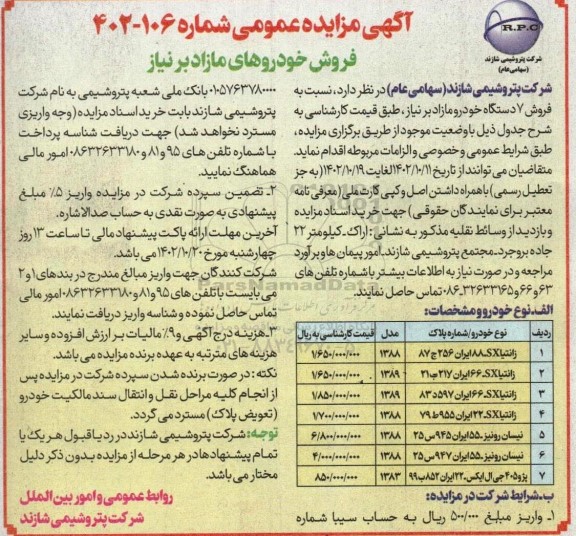مزایده فروش 7 دستگاه خودرو مازاد بر نیاز
