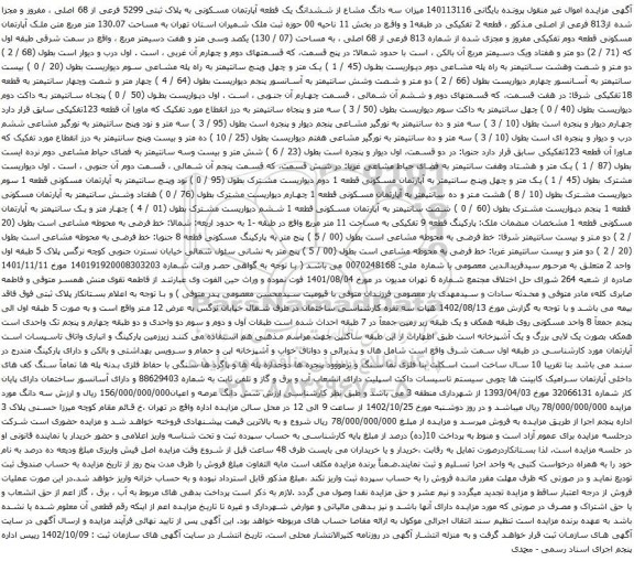 آگهی مزایده  سه دانگ مشاع از ششدانگ یک قطعه آپارتمان مسکونی به پلاک ثبتی 5299 فرعی از 68 اصلی