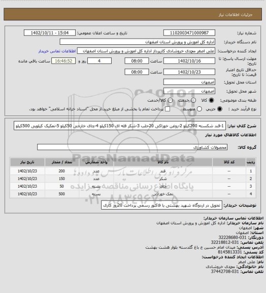 استعلام 1-قند شکسته    200کیلو
2-روغن خوراکی     20حلب
3-شکر فله ای        150کیلو
4-چای خارجی         50کیلو
5-نمکیک کیلویی        500کیلو