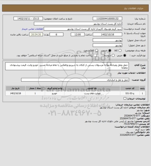 استعلام حمل  ونقل ومبادله روزانه مرسولات پستی از   کنکان به شیرینو وبالعکس با نقاط مبادله مسیر، خودرو وانت، قیمت پیشنهادی ماهانه