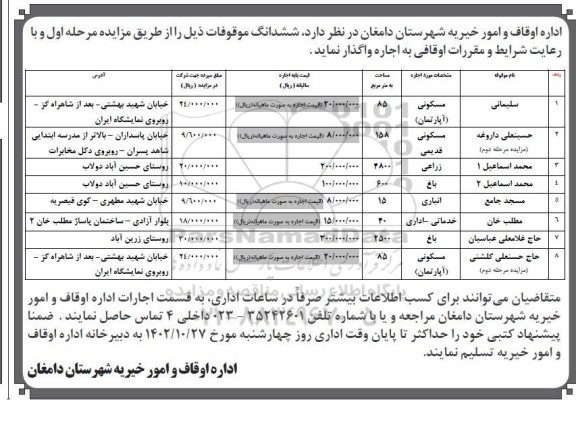 مزایده واگذاری موقوفات