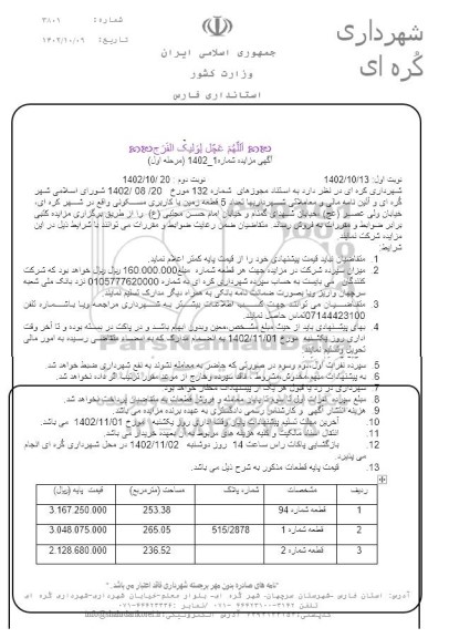 مزایده فروش تعداد 5 قطعه زمین با کاربری مسکونی 