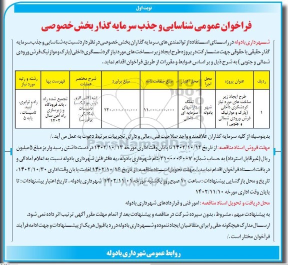 فراخوان عمومی شناسایی و جذب سرمایه گذار بخش خصوصی 