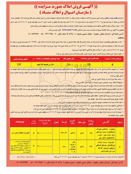  برگزاری یکصدو بیستمین مزایده کتبی املاک و مستغلات با کاربری زراعی و سایر حریم خارج محدوده 