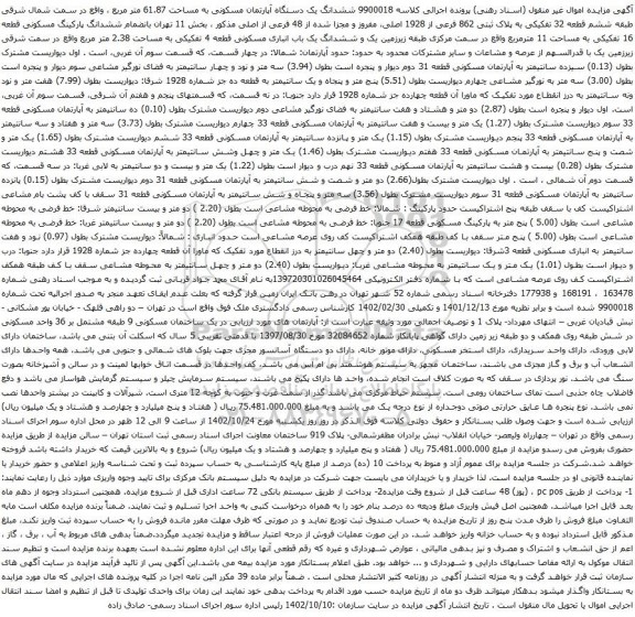 آگهی مزایده ششدانگ یک دستگاه آپارتمان مسکونی به مساحت 61.87 متر مربع