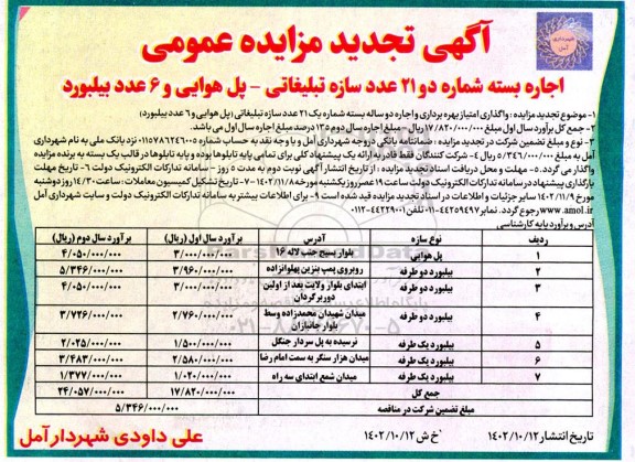 تجدید مزایده اجاره بسته شماره دو 21 عدد سازه تبلیغاتی ـ پل هوایی و 6 عدد بیلبورد
