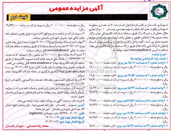 مزایده فراخوان اجاره بابت 6 باب تجاری - نوبت دوم