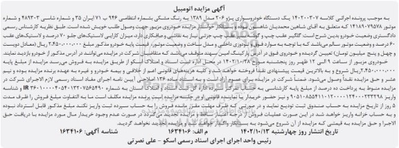 مزایده یک دستگاه خودروی سواری پژو 206 مدل 1389 به رنگ مشکی