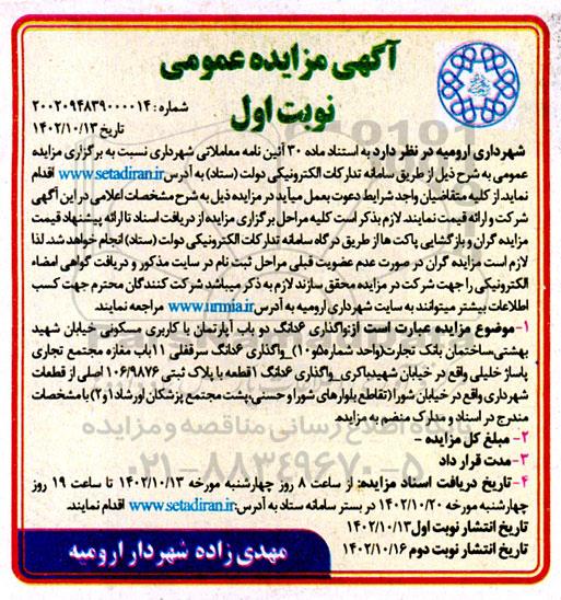 مزایده عمومی واگذاری 6 دانگ دو باب آپارتمان با کاربری مسکونی...