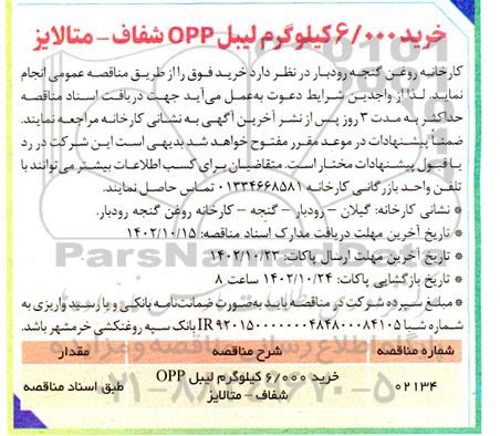 مناقصه عمومی خرید 6000 کیلوگرم لیبل OPP شفاف- متالایز