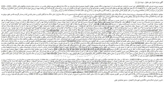 مزایده فروش دو دانگ مشاع در سه باب مغازه بشماره پلاکهای ثبتی 1221 – 1222 – 1223 فرعی از 2 اصلی مفروز از 172 قطعات 1 تا 3