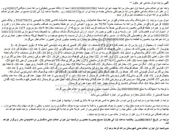 مزایده فروش شش دانگ یک باب خانه  و...