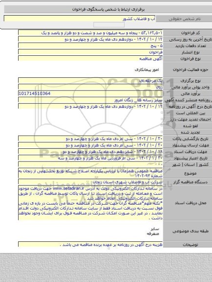 مناقصه, مناقصه عمومی همزمان با ارزیابی یکپارچه اصلاح شبکه توزیع بخشهایی از زنجان به شماره ۹۴-۱۴۰۲