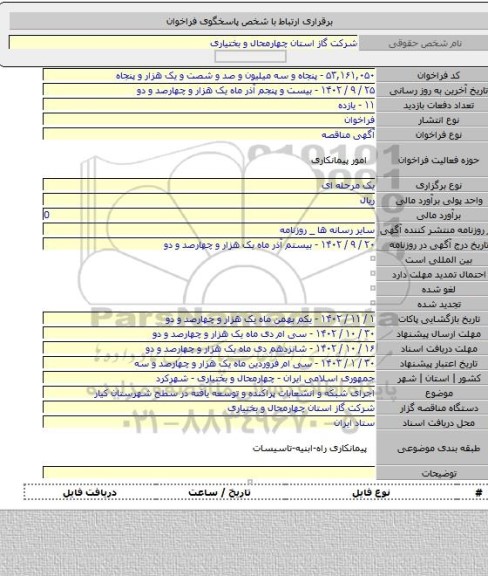مناقصه, اجرای شبکه و انشعابات پراکنده و توسعه یافته در سطح شهرستان کیار