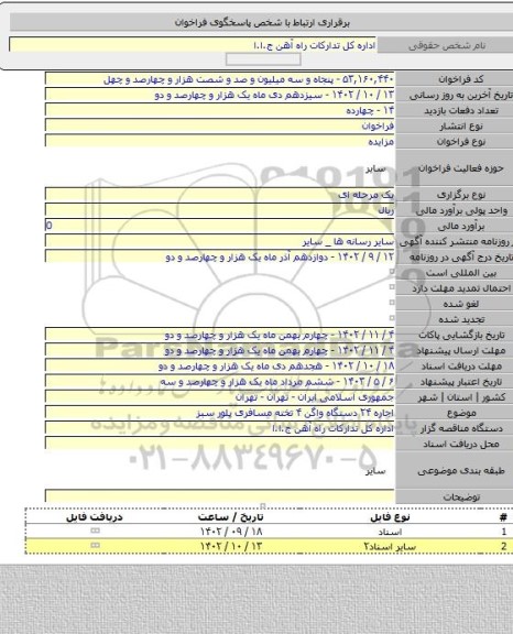 مزایده, اجاره ۲۴ دستگاه واگن ۴ تخته مسافری پلور سبز