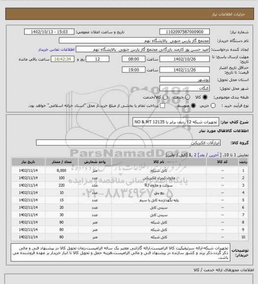 استعلام تجهیزات شبکه
12 ردیف برابر با 12135 NO & MT