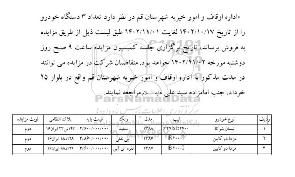 مزایده واگذاری تعداد 5 دستگاه خودرو ـ نوبت دوم