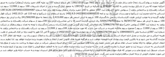آگهی مزایده سهام