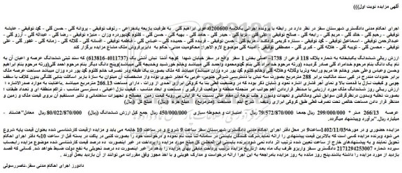 مزایده ششدانگ یکبابخانه به شماره پلاک 118 فرعی از 1738– اصلی بخش 1