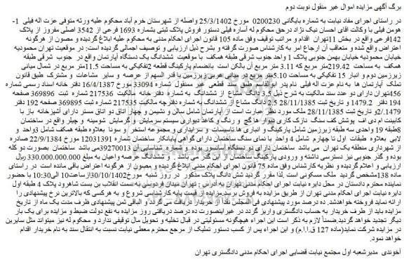 مزایده فروش پلاک ثبتی بشماره 1693 فرعی از 3542 اصلی مفروز از پلاک 142فرعی