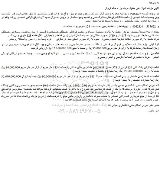 مزایده فروش قطعه 1 – قطعه زمین به مساحت 128 مترمربع