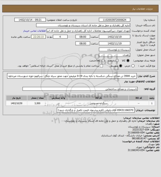 استعلام خرید 3500 تن مصالح سنگی شکسته با دانه بندی 19-0 میلیمتر جهت محور سیاه جنگل- سرکهنو حوزه شهرستان میرجاوه