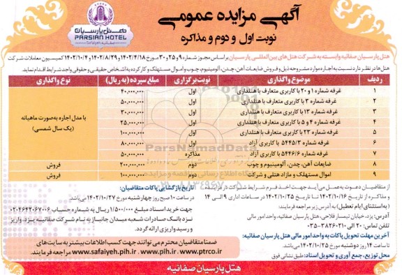 مزایده عمومی غرفه شماره 1 و 20 با کاربری متعارف با هتلداری و ...