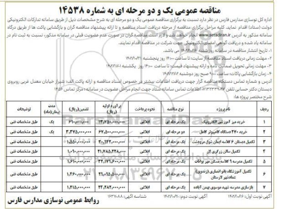 مناقصه عمومی خرید میز آموزشی الکترونیک و ...
