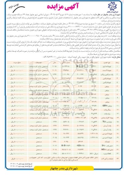 مزایده فروش تعداد 23 دستگاه خودرو سبک، نیمه سنگین و سنگین و آهن آلات نوبت دوم