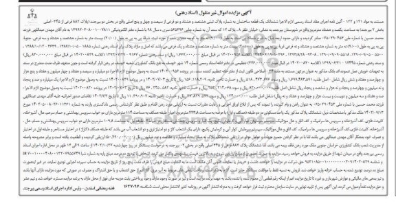  مزایده ششدانگ یک قطعه ساختمان به شماره پلاک ثبتی هشتصد و هشتاد و دو فرعی از سیصد و چهل و پنج اصلی 