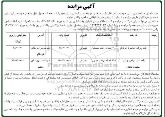 مزایده اجاره درختان دو بقعه متبرکه