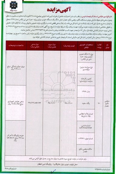 مزایده فروش ششدانگ یک دستگاه خودروی سواری پراید - صبا