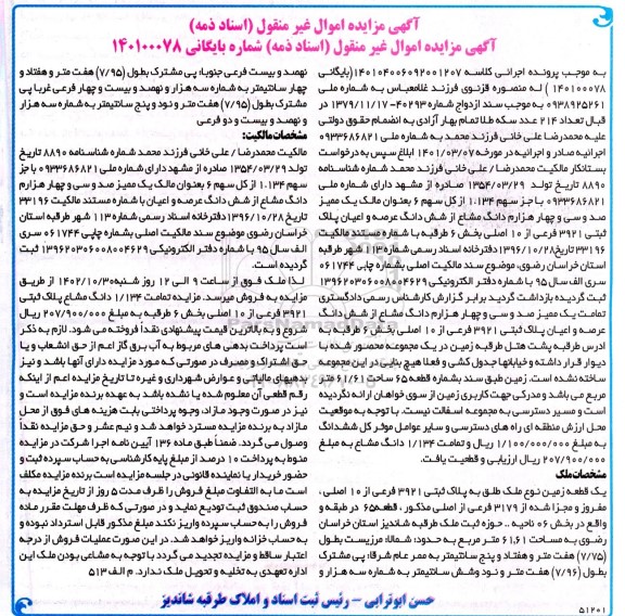 مزایده فروش یک قطعه زمین به مساحت 61.61 مترمربع
