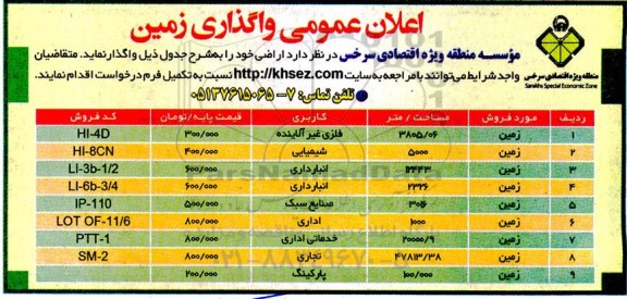 آگهی اعلان عمومی واگذاری زمین