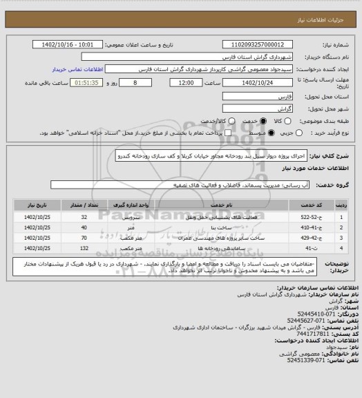 استعلام اجرای پروژه دیوار سیل بند رودخانه مجاور خیابان کربلا و کف سازی رودخانه کندرو