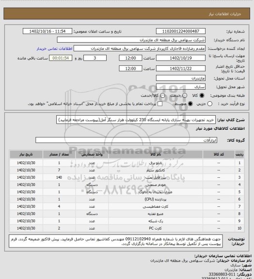 استعلام خرید تجهیزات بهینه سازی پایانه ایستگاه 230 کیلوولت هزار سنگر آمل(بپیوست مراجعه فرمایید)