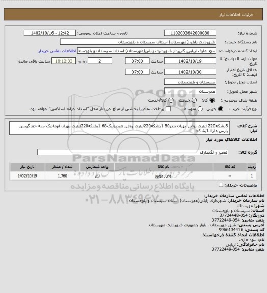 استعلام 5بشکه220 لیتری روغن بهران بندر50
1بشکه220لیتری روغن هیدرولیک68
1بشکه220لیتری بهران اتوماتیک سه خط
گریس پارس مارال1بشکه