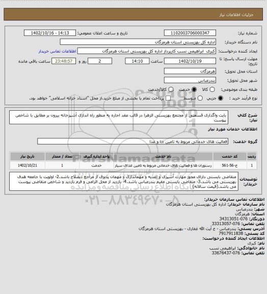 استعلام بابت واگذاری قسمتی از مجتمع بهزیستی الزهرا در قالب عقد اجاره به منظور راه اندازی آشپزخانه بیرون بر مطابق با شاخص پیوست