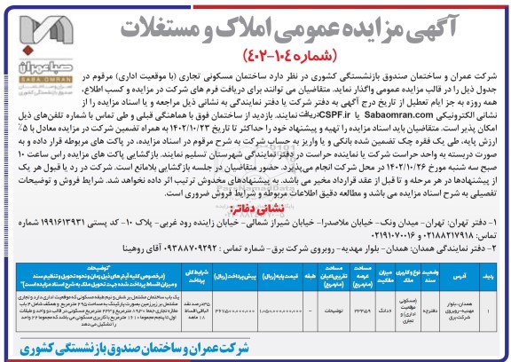 مزایده عمومی املاک و مستغلات 