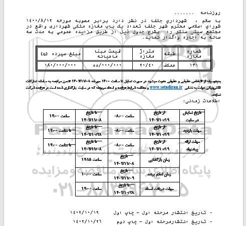 مزایده واگذاری تعداد یک باب مغازه ملکی