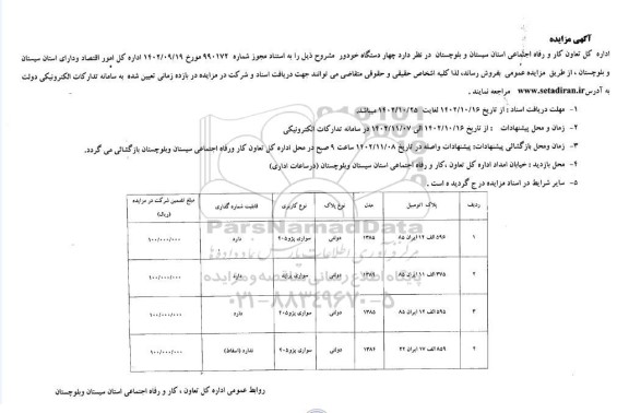 مزایده فروش چهار دستگاه خودرو سواری پژو 405 و پراید