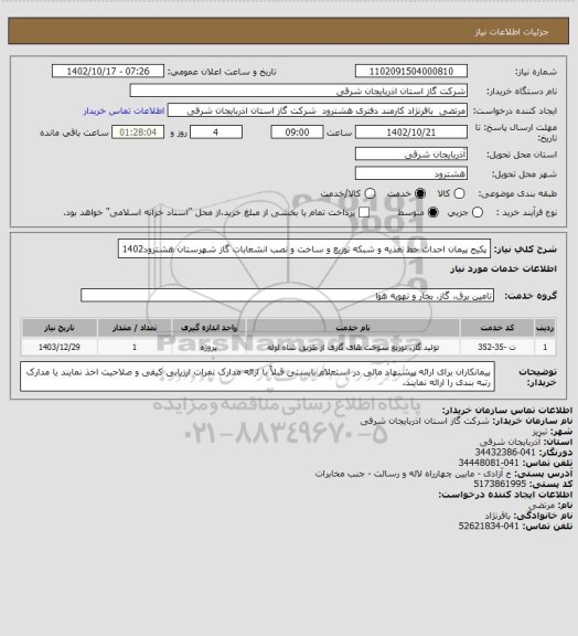 استعلام پکیج پیمان احداث خط تغذیه و شبکه توزیع و ساخت و نصب انشعابات گاز، سامانه تدارکات الکترونیکی دولت