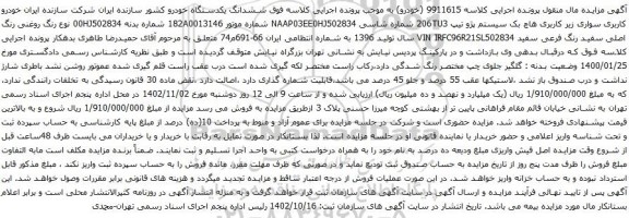 آگهی مزایده هاچ بک سیستم پژو تیپ 206TU3 